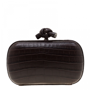 Pre Owned Bottega Veneta Dark Brown Crocodile Knot Clutch 
