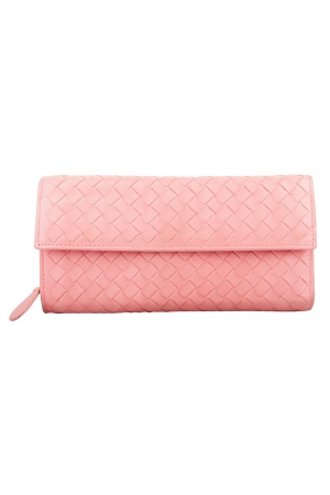 Pre Owned Bottega Veneta Pink Intrecciato Leather Continental Wallet