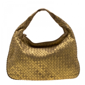Pre Owned Bottega Veneta Metallic Gold Leather Medium Intrecciato Hobo