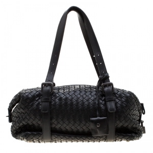 Pre Owned Bottega Veneta Black Intrecciato Leather Montaigne Satchel