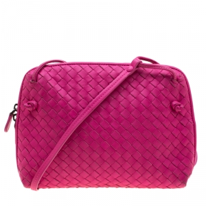 Pre Owned Bottega Veneta Pink Intrecciato Leather Nodini Crossbody Bag
