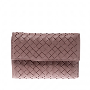 Pre Owned Bottega Veneta Nude Pink Intrecciato Leather Flap Compact Wallet