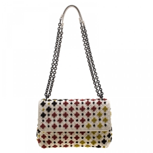 Pre Owned Bottega Veneta Off White Multicolor Embroidered Intrecciato Leather Olimpia Shoulder Bag