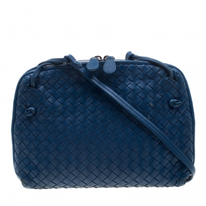 Pre Owned Bottega Veneta Blue Intrecciato Leather Nodini Crossbody Bag
