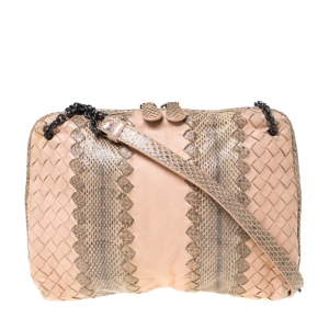 Pre Owned Bottega Veneta Beige/Peach Intrecciato Leather and Snakeskin Ayers Crossbody Bag