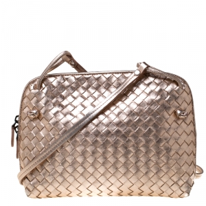 Pre Owned Bottega Veneta Rose Gold Metallic Intrecciato Leather Nodini Crossbody Bag
