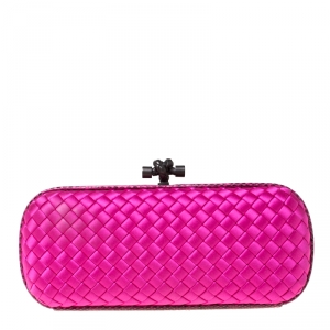 Pre Owned Bottega Veneta Bright Pink Intrecciato Satin and Python Trim Knot Clutch