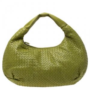 Pre Owned Bottega Veneta Green Intrecciato Leather Large Veneta Hobo