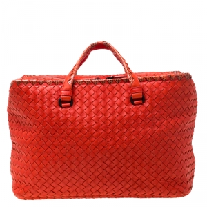 Pre Owned Bottega Veneta Red Intrecciato Leather and Snakeskin Trim Brick Tote 