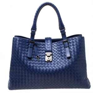 Pre Owned Bottega Veneta Blue Intrecciato Leather Medium Roma Tote