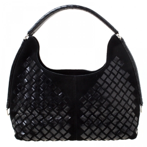 Pre Owned Bottega Veneta  Black Intrecciato Leather and Suede Hobo