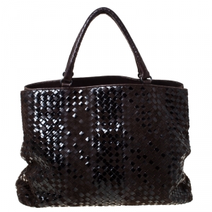 Pre Owned Bottega Veneta Dark Brown Intrecciato Suede and Patent Leather Tote