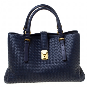 Pre Owned Bottega Veneta Navy Blue Intrecciato Leather Medium Roma Tote