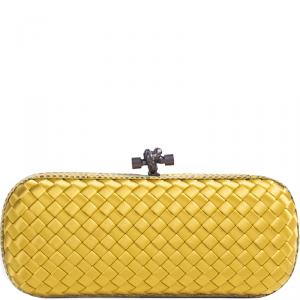 Pre Owned Bottega Veneta Yellow Intrecciato Satin and Python Stretch Knot Clutch