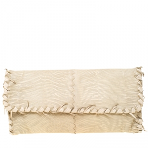 Pre Owned Bottega Veneta Beige Lizard Flap Clutch