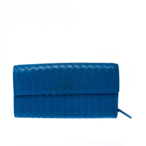 Pre Owned Bottega Veneta Blue Intrecciato Leather Continental Wallet