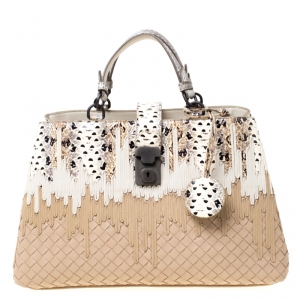 Pre Owned Bottega Veneta Beige/White Woven Leather and Snakeskin Small Flow Wave Tote