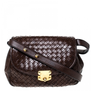 Pre Owned Bottega Veneta Dark Brown Intrecciato Leather Turnlock Flap Crossbody Bag