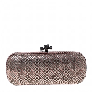 Pre Owned Bottega Veneta Pink Snakeskin Studded Knot Clutch