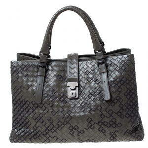 Pre Owned Bottega Veneta Dark Grey Intrecciato Leather Graphic Roma Tote 