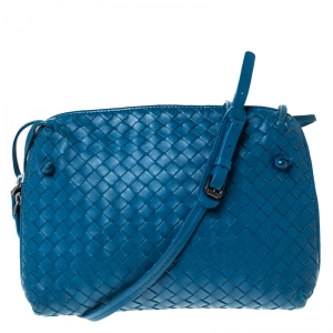 Pre Owned Bottega Veneta Blue Intrecciato Leather Nodini Crossbody Bag