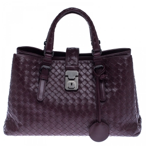 Pre Owned Bottega Veneta Burgundy Intrecciato Leather Small Roma Tote
