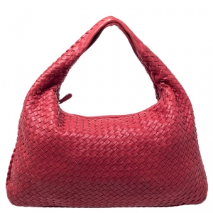 Pre Owned Bottega Veneta Red Nappa Leather Intrecciato Large Veneta Hobo