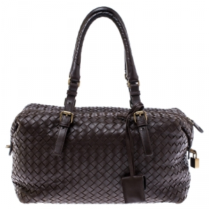 Pre Owned Bottega Veneta Dark Brown Intrecciato Leather Montaigne Satchel 