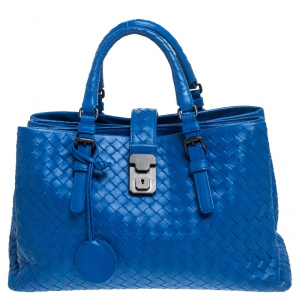 Pre Owned Bottega Veneta Blue Intrecciato Nappa Leather Roma Tote