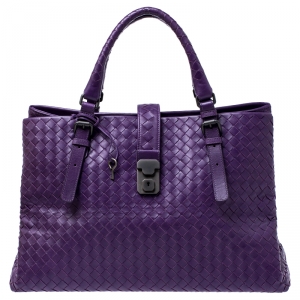 Pre Owned Bottega Veneta Purple Intrecciato Leather Medium Roma Tote