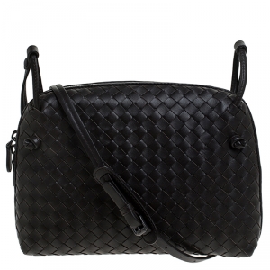 Pre Owned Bottega Veneta Dark Brown Intrecciato Leather Nodini Crossbody Bag