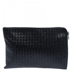 Bottega Veneta Dark Grey Intrecciato Leather Pouch