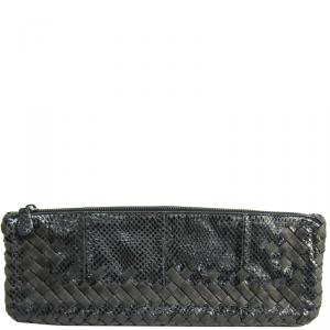 Pre Owned Bottega Veneta Black Intrecciato Snake Leather And Textile Clutch Bag