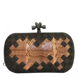 Pre Owned Bottega Veneta Black/Brown Python Mesh And Intrecciato Leather Clutch
