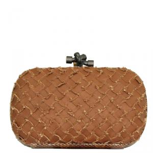 Pre Owned Bottega Veneta Brown Short Fringes Leather Knot Clutch 