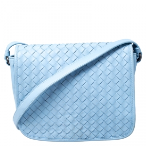 Pre Owned Bottega Veneta Baby Blue Intrecciato Leather Flap Crossbody Bag