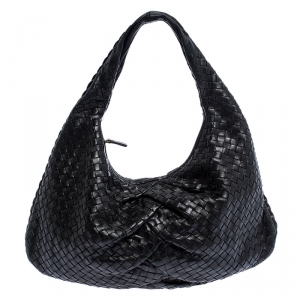 Pre Owned Bottega Veneta Black Intrecciato Leather Pleated Large Veneta Hobo 