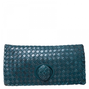 Pre Owned Bottega Veneta Green Intrecciato Snakeskin and Leather Twist Lock Clutch