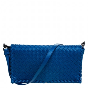 Pre Owned Bottega Veneta Blue Intrecciato Nappa Leather Flap Shoulder Bag