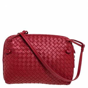 Pre Owned Bottega Veneta Red Intrecciato Leather Nodini Crossbody Bag