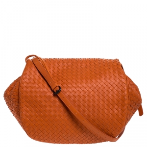 Pre Owned Bottega Veneta Orange Intrecciato Leather Drawstring Flap Crossbody Bag