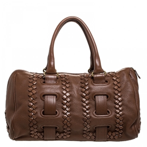 Pre Owned Bottega Veneta Tan Intrecciato Trimmed Leather Satchel Bag
