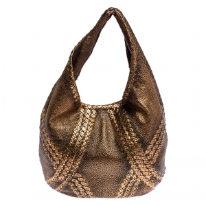 Pre Owned Bottega Veneta Metallic Rose Gold Woven Leather Hobo 