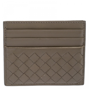 Pre Owned Bottega Veneta Olive Green Intrecciato Leather Card Holder