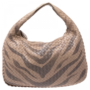 Pre Owned Bottega Veneta Beige Zebra Print Leather and Snakeskin Trim Veneta Hobo 