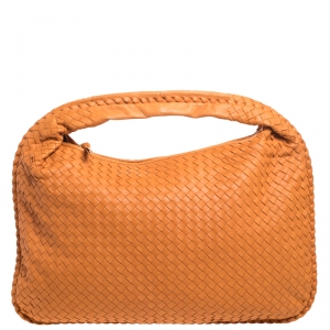 Pre Owned Bottega Veneta Orange Intrecciato Leather Maxi Veneta Hobo