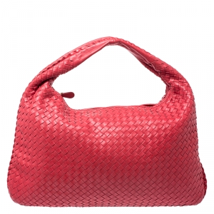 Pre Owned Bottega Veneta Red Intrecciato Leather Maxi Veneta Hobo