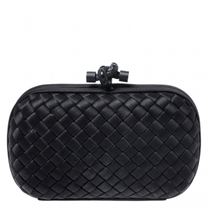 Pre Owned Bottega Veneta Black Intrecciato Satin Knot Clutch