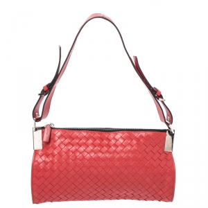 Pre Owned Bottega Veneta Red Intrecciato Leather Shoulder Bag