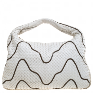 Pre Owned Bottega Veneta White Intrecciato Leather Chain Embellished Maxi Veneta Hobo